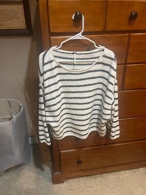 Free People Cream and Black Striped Lightweight Knit Top